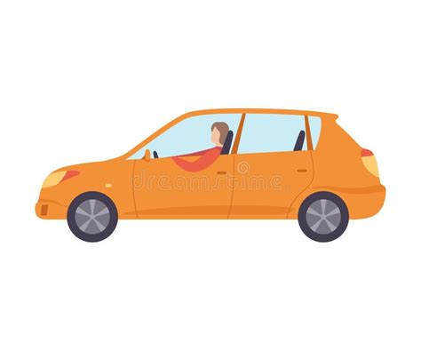 Orange Car with Male Driver, Side View Vector Illustration Stock Vector ...