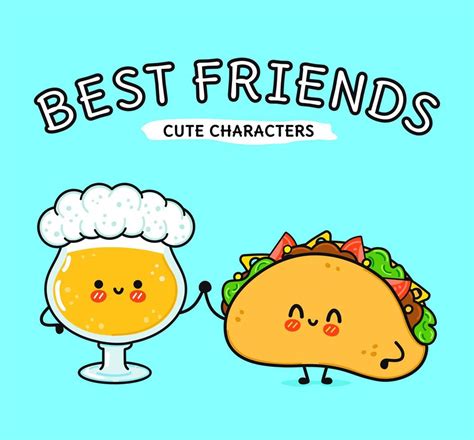 Cute, funny happy glass of beer and taco. Vector hand drawn cartoon ...