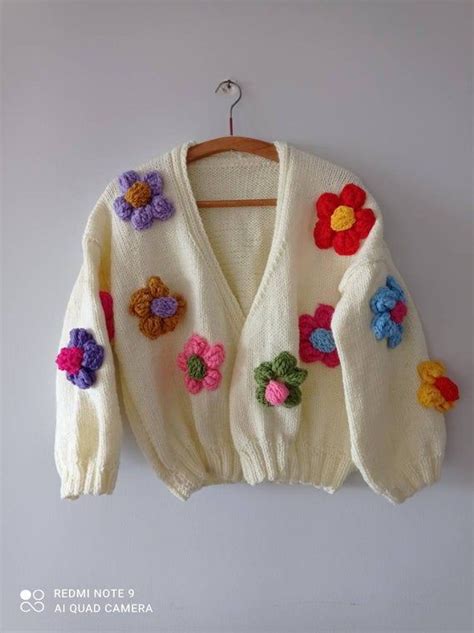 Chunky Crop Floral Cardigan Oversize Flower Knitted Sweater Etsy In 2021 Knitted Sweaters