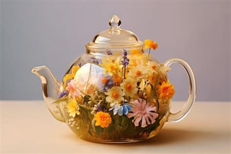 Transparent teapot with tea flowers on beige background | Premium AI-generated image