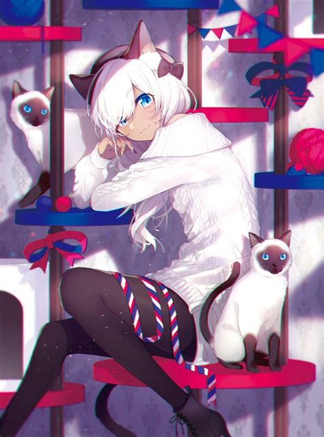 White Haired Catgirl [original] R Awwnime