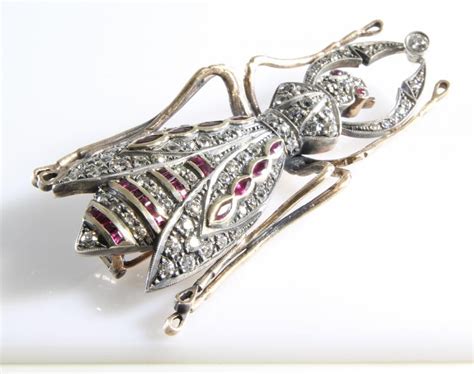 Antique Bug Brooch Diamond Ruby 14k Gold Insect Beetle Russian