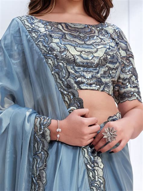 Buy Enthralling Sky Blue Heavy Bordered Satin Wedding Wear Saree Online