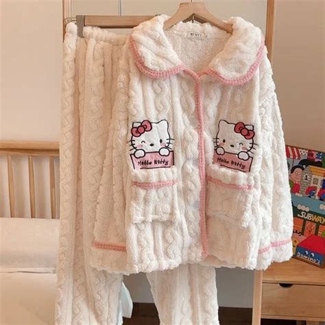 Anime Sanrio Hello Kitty Coral Velvet Pajama Female Autumn Winter New