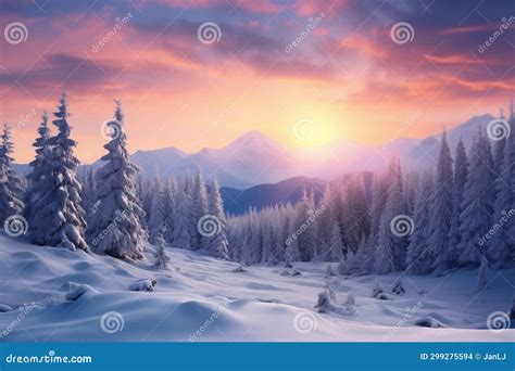 Swedish Landscape With Sunset Over A Snowy Mountain Forest In Winter