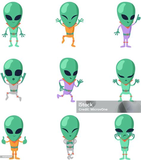 Lucu Kartun Alien Vektor Hijau Karakter Humanoid Ilustrasi Stok Unduh