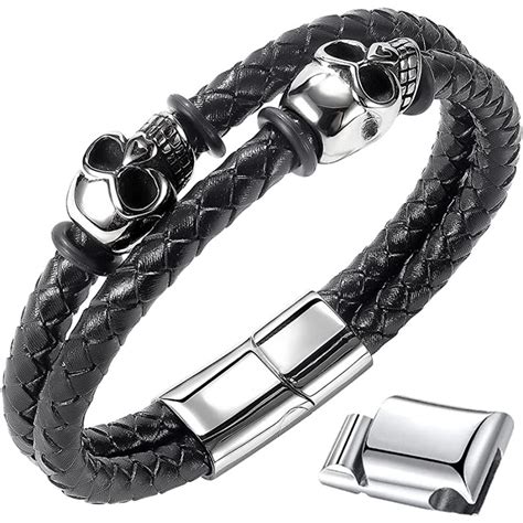 Bracelet Tête de Mort Vintage Cuir Noir Biker chic