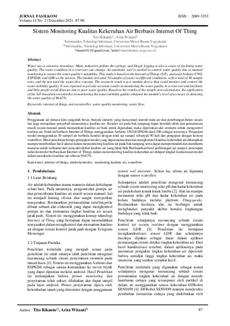 Pdf Sistem Monitoring Kualitas Kekeruhan Air Berbasis Internet Of Thing