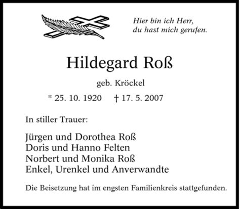 Traueranzeigen von Hildegard Roß Trauer in NRW de