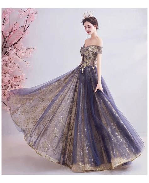 Classical Gold With Purple Tulle Prom Dress With Off Shoulder Wholesale T76013