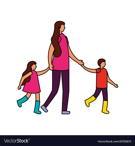 Mother Holding Hands Her Son And Daughter Vector Image