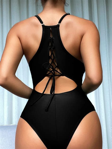 Shein Plain Lace Up Backless One Piece Swimsuit