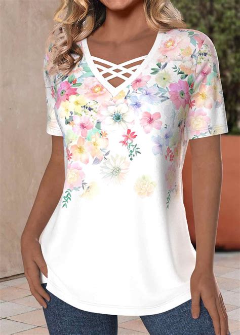 Plus Size White Criss Cross Floral Print T Shirt Rosewe USD 35 98