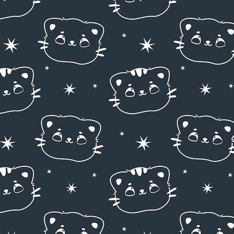 Premium Vector Cute Cat Doodle Seamless Pattern On Black Background