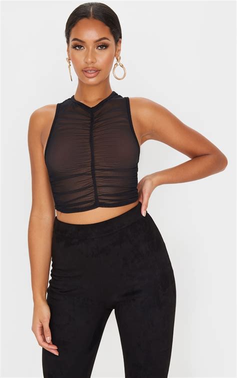 Crop top noir effet transparent froncé devant PrettyLittleThing FR