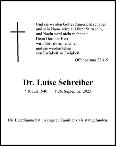 Traueranzeigen Von Luise Schreiber Trauer In NRW De