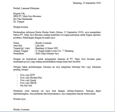 Contoh Surat Lamaran Kerja Hrd Gawe Cv Riset