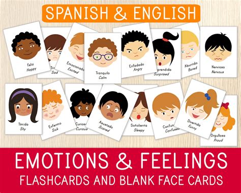 Spanish English Emotions Flashcards And Blank Face Etsy