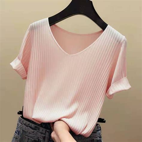 Ice Silk V Neck Knitted Blouse Plus Size Womens Summer Korean Style