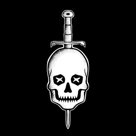 Skull Sword Art Illustration Hand Drawn Black And White Vector For Tattoo Sticker Logo Etc