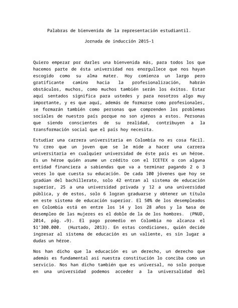 Docx Palabras De Bienvenida De La Representaci N Estudiantil Jornada