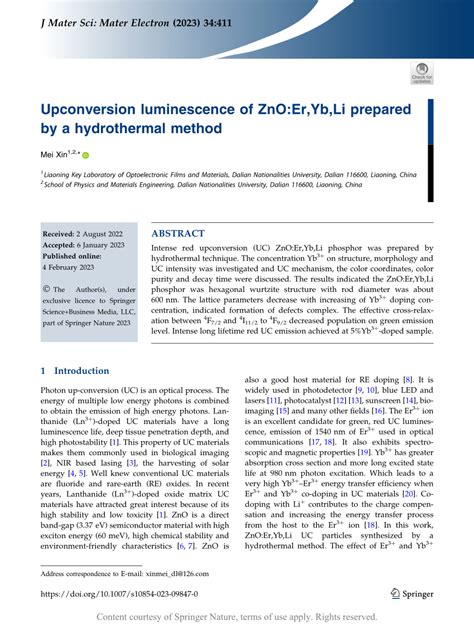 Upconversion Luminescence Of ZnO Er Yb Li Prepared By A Hydrothermal