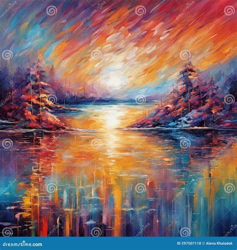 Sunset Over the Lake, Painting, Impressionism Stock Illustration ...