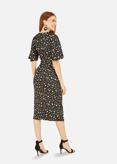 Yumi Dash Print Satin Kimono Sleeve Wrap Dress In Black Matalan