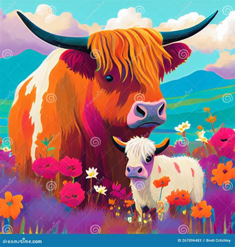 Colorful Highland Cow And Calf Illustration Colourful Field Of Flowers