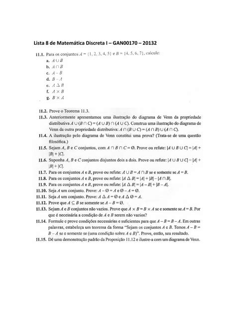 Pdf Lista 8 De Matemática Discreta I Gan00170 20132 E B Conjuntos Não Vazios Prove Que A X B