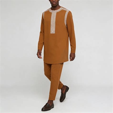 CUZIBR Men Elegant Robe Clothes Set Ethnic Style Embroidery Print Round