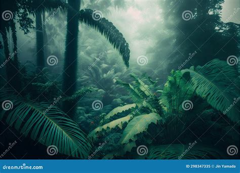 Tropical Rainforest with Ferns and Palm Trees. Stock Illustration ...