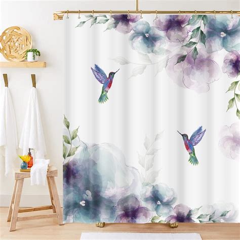 Blue Purple Flowers Shower Curtain Hummingbirds Abstract Watercolor