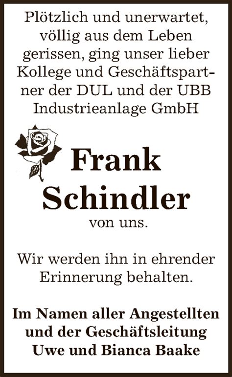 Traueranzeigen Von Frank Schindler Abschied Nehmen De