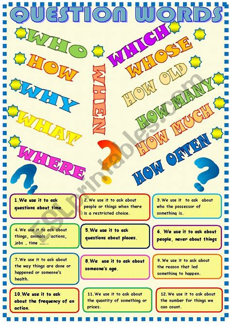 Question Words Poster And Matching Esl Worksheet By Spied D Aignel