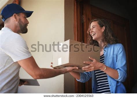 Happy Woman Delivery Man Package Box Stock Photo Shutterstock