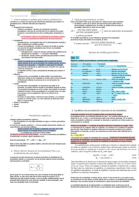 Capítulo 10 Análisis Gravimétrico Y Equilibrios De Precipitación