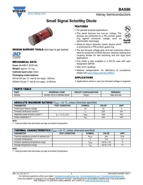 BAS86 Vishay Telefunken Diode Hoja de datos Ficha técnica