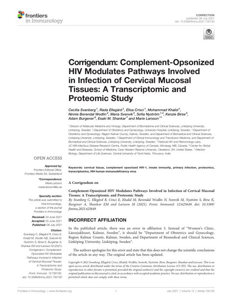 Pdf Corrigendum Complement Opsonized Hiv Modulates Pathways Involved