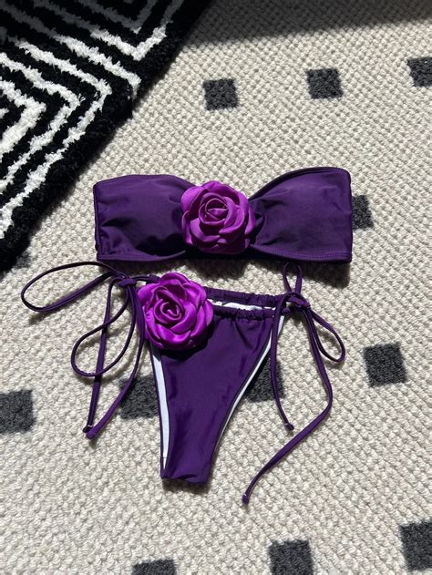 Flower Appliqué Bandeau Bra And Tie Side Bikini 2 Piece Set For Women