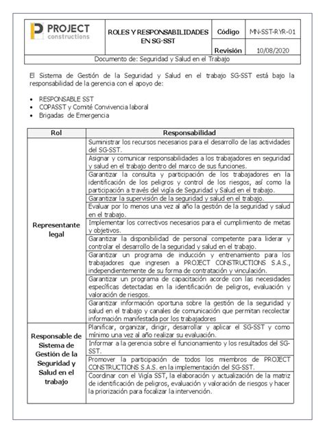 01roles Y Responsabilidades En Sg Sst Pdf