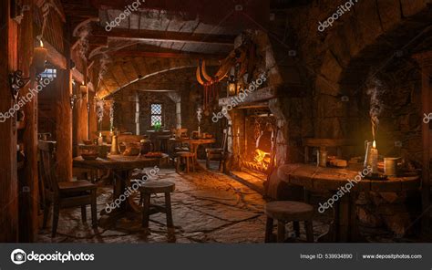 Dark Moody Medieval Tavern Inn Interior Food Drink Tables Burning — Stock Photo ...