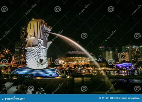 Merlion Park at Night with Light of City the Best Landmark at Night Editorial Stock Photo ...