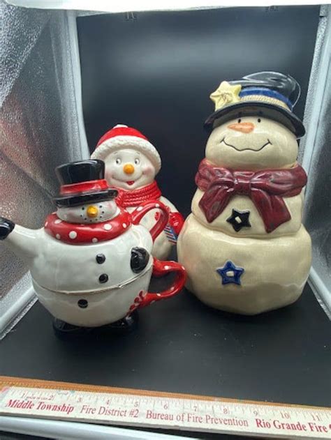 Ceramic Snowman Cookie Jar Or Tea For One Set Etsy Snowman Cookie