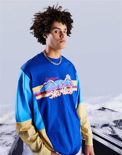 Asos Design Oversized Long Sleeve T Shirt In Blue And Green Colour