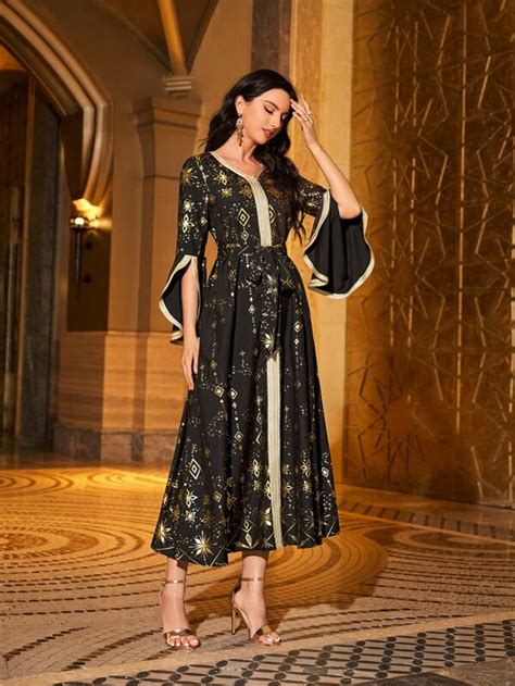 Shein Najma Gold Argyle Print Contrast Tape Split Cuff Belted Kaftan