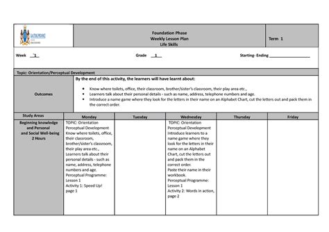 LIFE Skills Lesson Plans Grade 1 WEEK 1 Foundation Phase Weekly