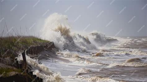 Powerful Waves Crashing Against Coastal Seawall During A Storm