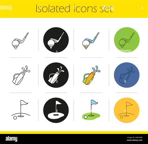 Golf Icons Set Linear Black And Color Styles Golf Clubs In Bag Ball