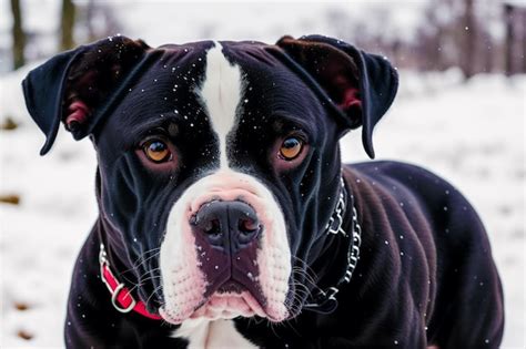 Premium Photo A Black And White Boxer Dog In The Snow